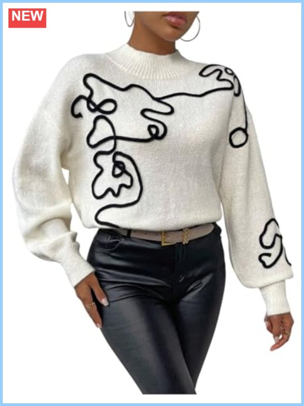 Mock Neck Graphic Pullover Sweater Long Lantern Sleeve Ribbed Knit